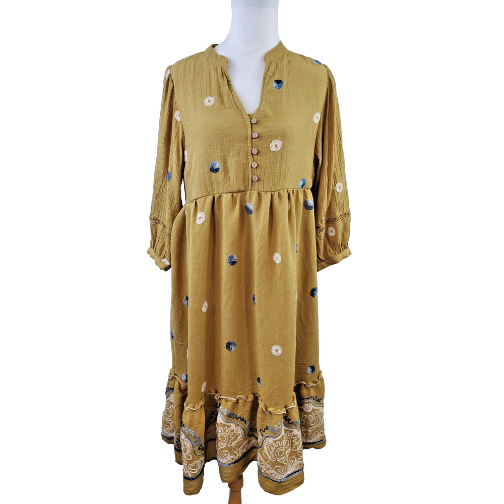 Figueroa & Flower Womens Dress Medium Embroidered Boho‎ Tiered Balloon Sleeve
